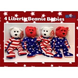 4 TY Beanie‎ Baby - LIBERTY the Bear Red Head White Head